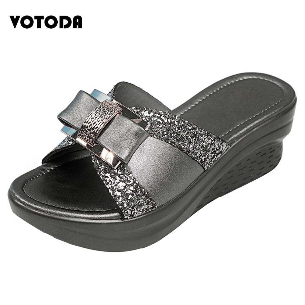 Sommar kvinnor platåskor bling kilar tofflor rosett paljetter flip flops pu läder sandaler skor kvinnlig casual platta skor kvinna: Mörkgrå / 6.5