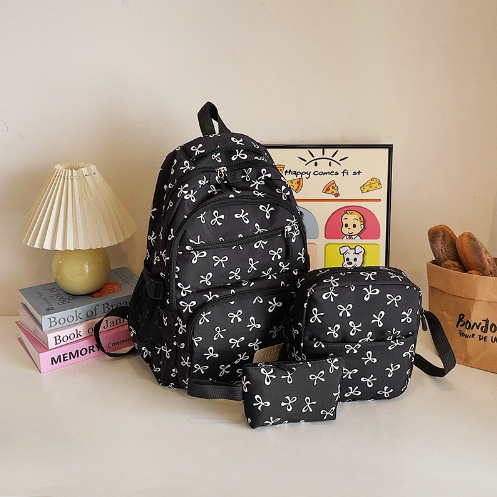 3 stuks/set rugzakken met grote capaciteit, strikprint, nylon schooltas, verstelbare schouderbanden, studentenrugzak: Beige