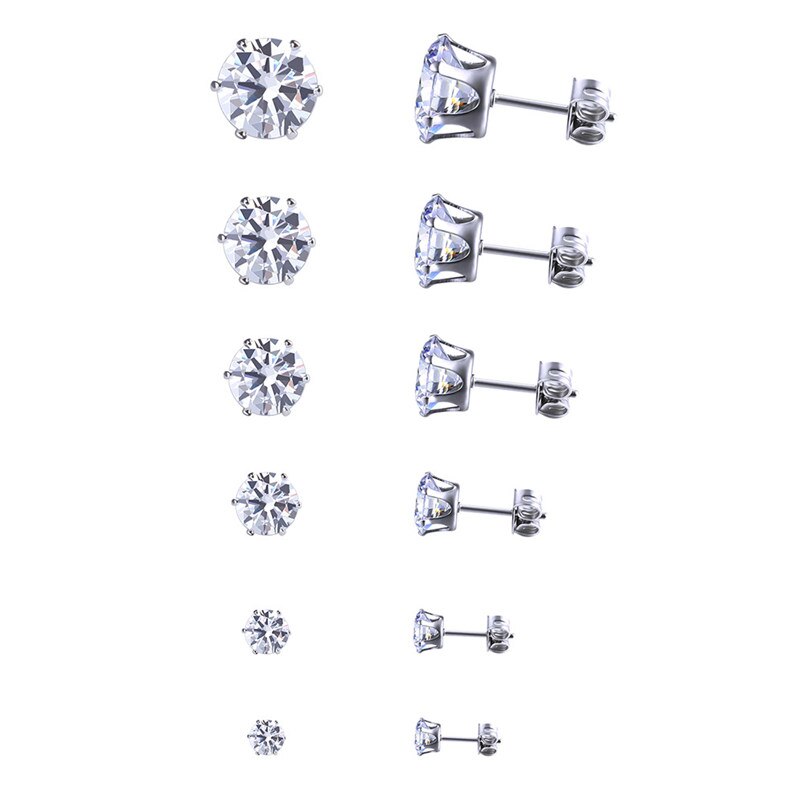 6 pairs/sets Classic Black White Cubic Zircon Stud Earrings Set Stainless Steel Crystal Earrings jewelry for Men Women