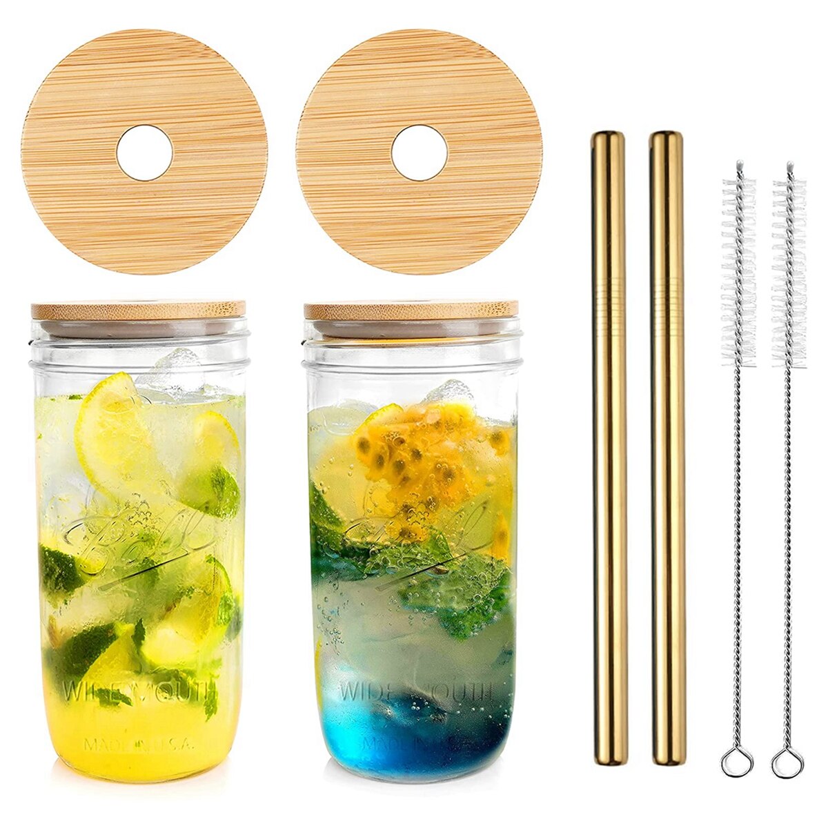 Lot de 2 pots de maçon en verre avec paille, verre réutilisable avec couvercle en bambou, pot de maçon à large bouche pour Boba Bubble Tea: 600ml Gold Straws