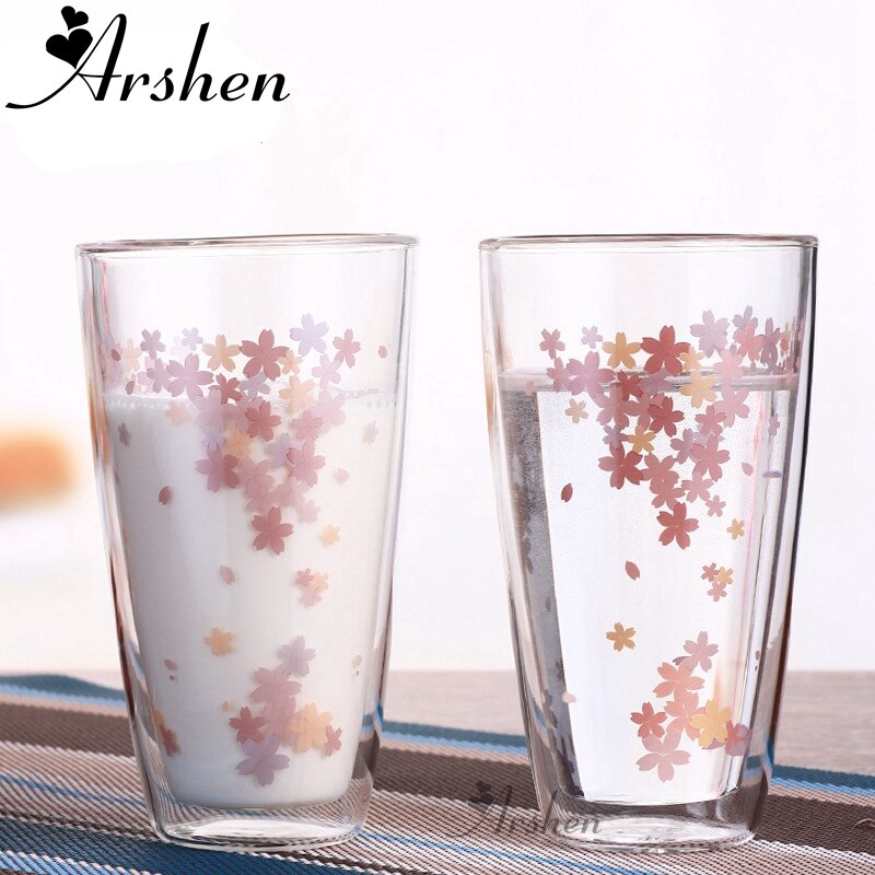 Arshen kirsebærblomster 350ml dobbelt vegg skudd glass klart håndlaget varmebestandig te drikke kopper sunn drikke krus kaffeglass