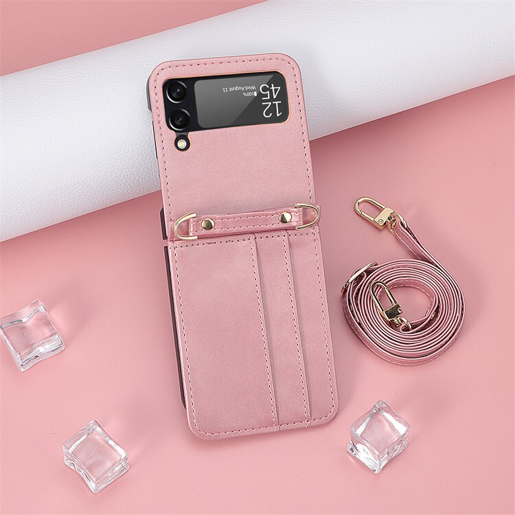 Lanyard Geïntegreerde Schokbestendig Card Slot Leather Case Voor Samsung Galaxy Z Flip 3 Flip3 5G Anti-Kras Beschermende telefoon Cover: pink