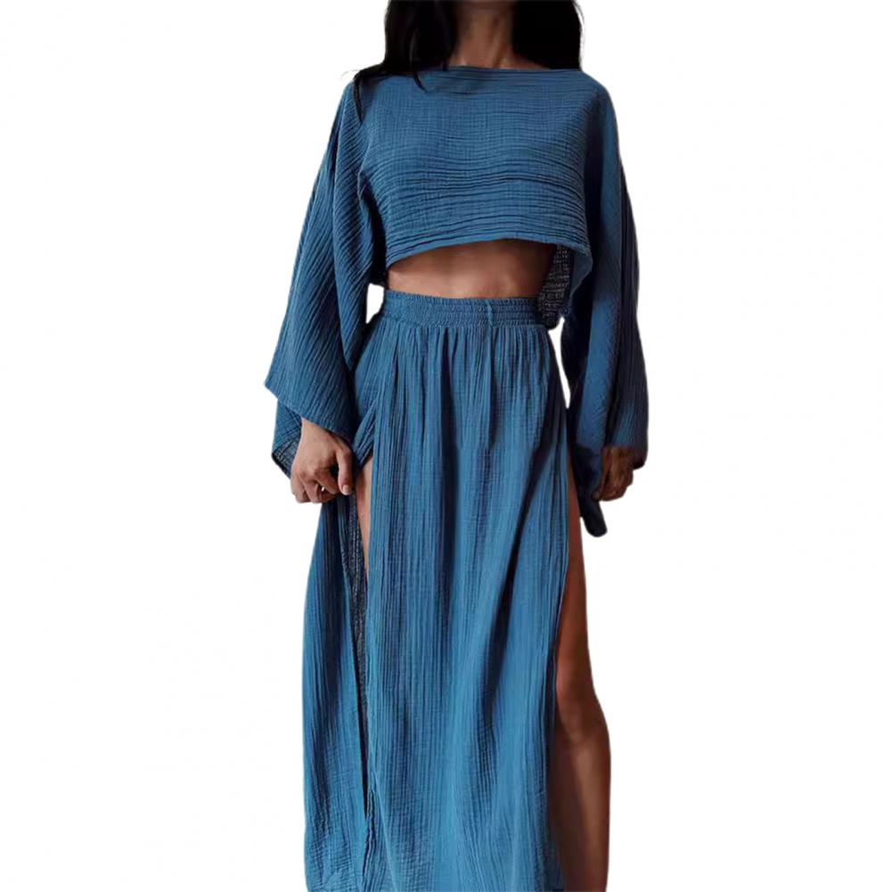 2 Teile/satz Frauen Crop Top Rock Set Schräg Hals Kurze Top Split Rock Strand Bikini Coverup Club Party Top Röcke Setnostice: XXL / Blau