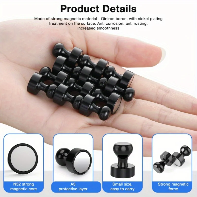 Black Neodymium Magnetic Push Pins - Strong Refrigerator & Whiteboard Magnets for Office, Kitchen & Map Use