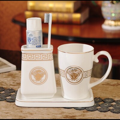 Juego de accesorios de baño de cerámica para cepillos de dientes taza de gárgaras con bandeja estilo europeo 3 piezas Set de de boda: 3 Pieces Set G