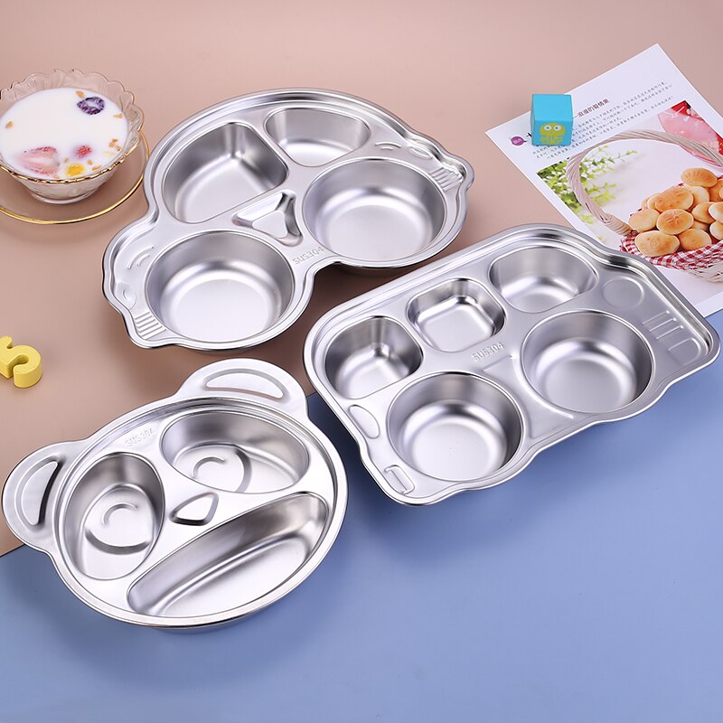Children's Plate Cute Bus Bear Stainless Steel Grid Plate Kids Breakfast Dinner Dinnerware Baby Food Feeding Dishes Tray