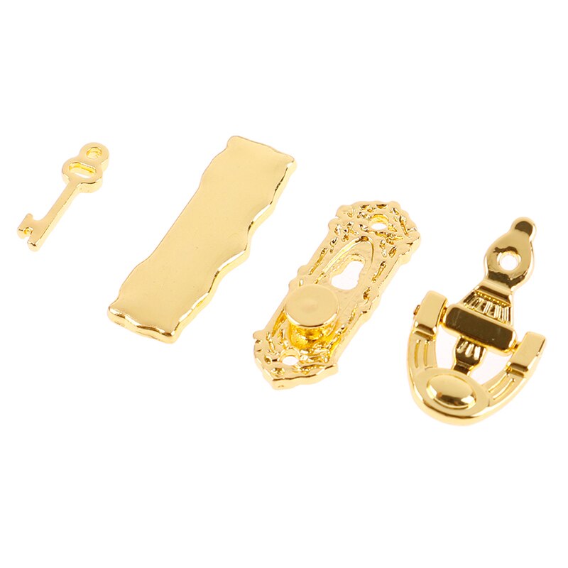 1 Set 1:12 Miniature Golden Metal Door Knocker Lock Doorplate Set DIY Dollhouse Hardware Accessories Doll House Decoration