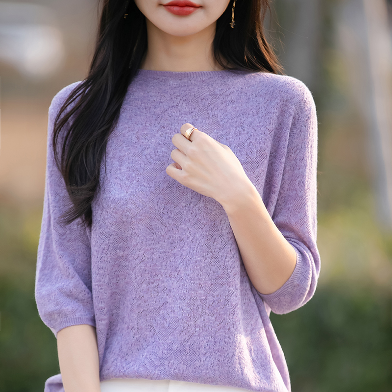 Women's Half-sleeved T-shirt Wool Lyocell Tees Sweater O-neck Flower Shaped Hollow Pullover Vest Summer Knitted Bottoming Tops: M / Lavender