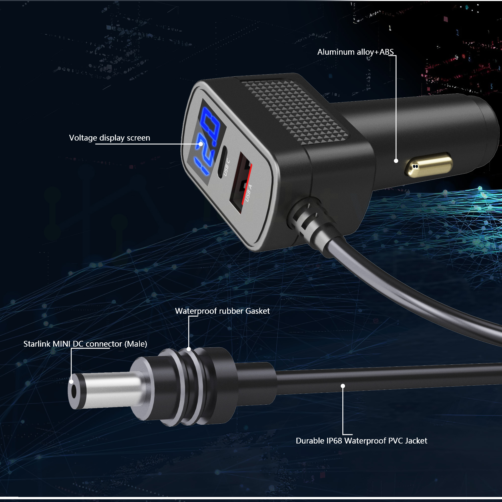 3M Starlink Mini Power Cable 100W 12V-24V Cigarrete Lighter Adapter to DC Power Cable with USB Type-C Port and Voltmeter