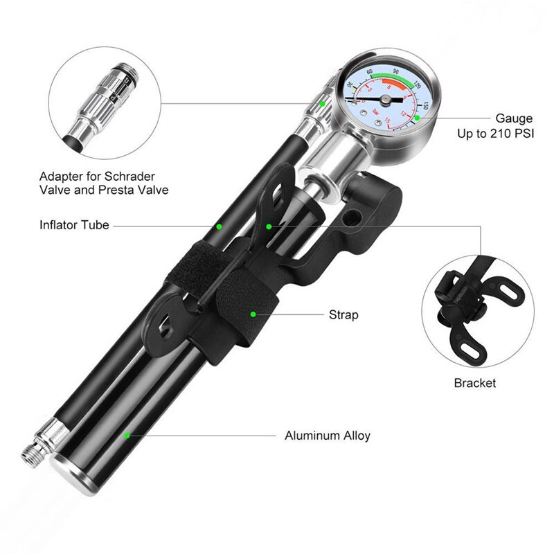 210 PSI Portable Bicycle Pump with Gauge - Manual Air Pump for Balls & Tires