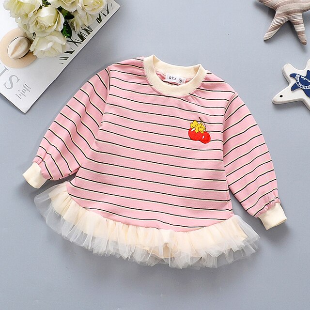 Meisjes Trui Voor 6 Maanden-3 Jaar Oud Prinses Kinderen Lange Mouwen Gestreept O-hals Cherry Borduurwerk Zoete mesh Zoom Top: Pink / 3T