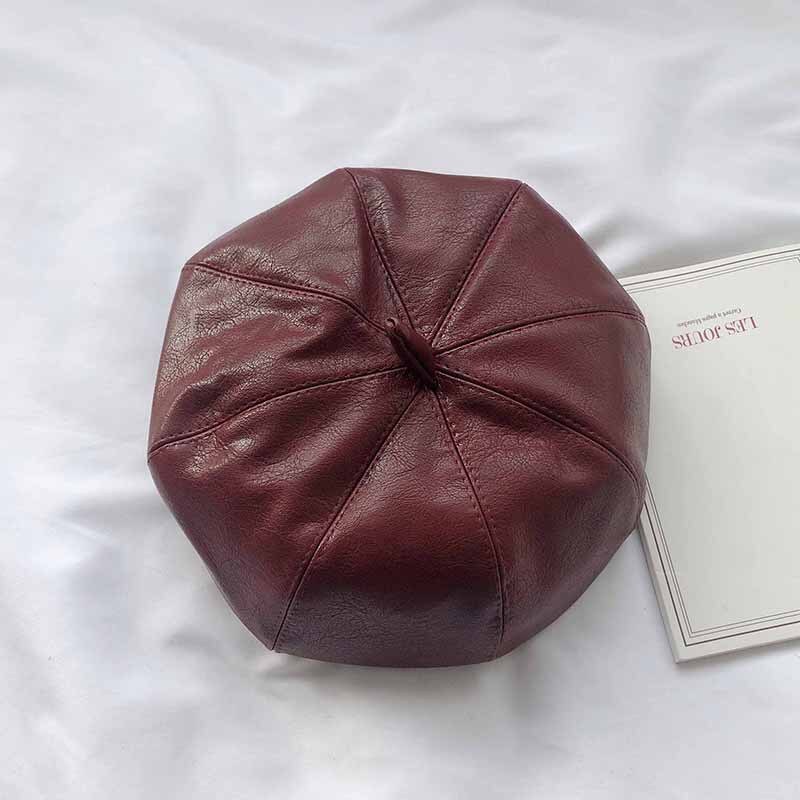 Koreansk efterår og vinter britisk retro baret malers fuld matchende kvindelige pu læder ottekantet maler hat hat: Klaret