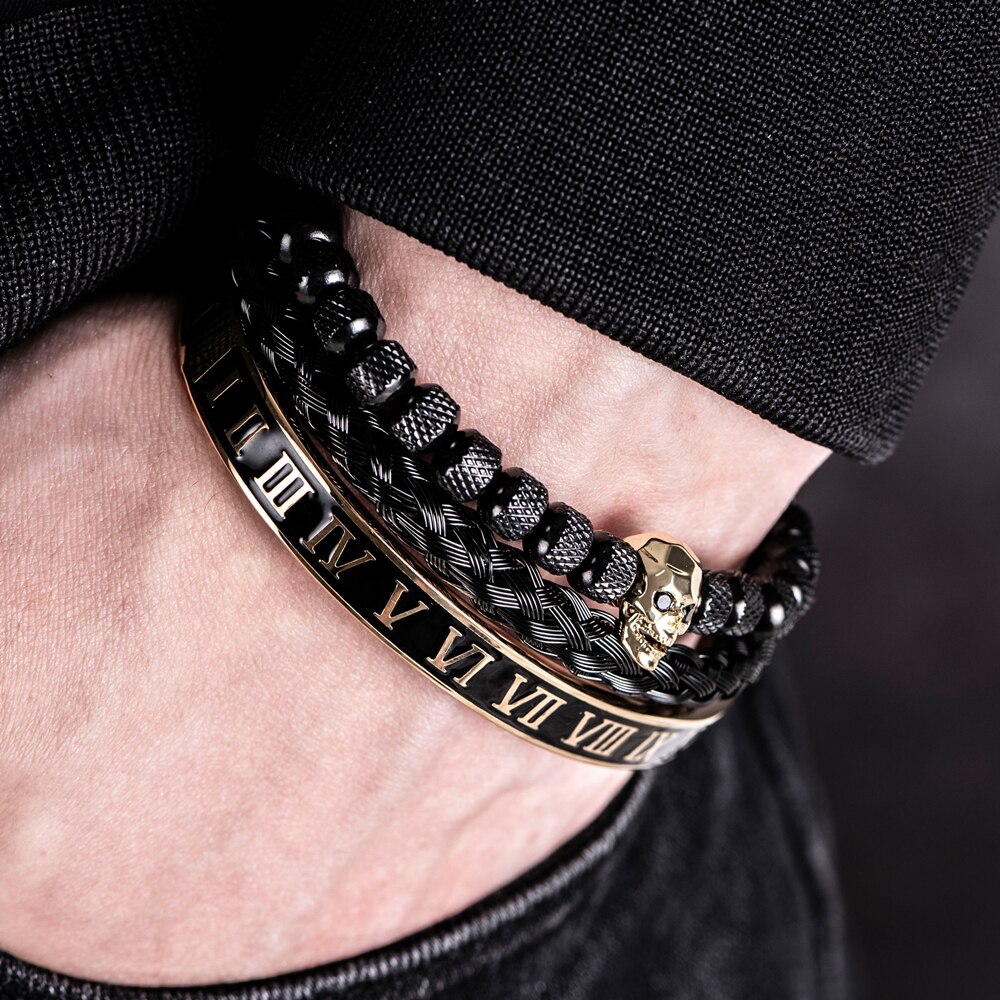 Conjunto de 3 unids/set de pulseras de acero inoxidable para hombre, Set de 3 unids/set de brazaletes con de Calavera, Oro Negro, esmalte, número romano, joyería europea para parejas