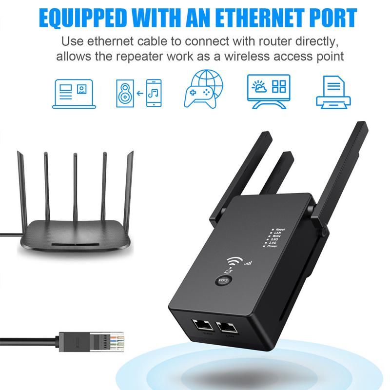 AC1200M sans fil WiFi répéteur Extender 2.4/5Ghz double bande 4 antennes externes anti-parasitage haute sécurité Wifi Booster US EU