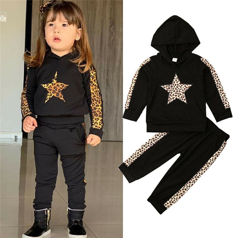 Peuter Kid Baby Meisjes Sportwear Kleding Hooded Luipaard Top Trui Broek Kinderen Casual Running Sets Outfit Kleding