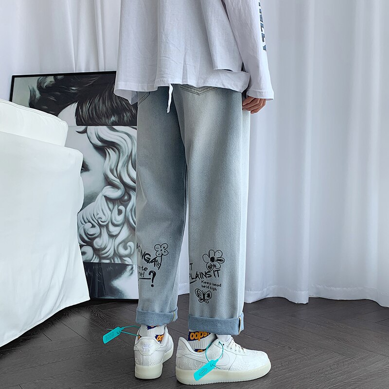 ZAZOMDE Jeans Men Hip Hop Style Denim Pants Graffiti Letter Print Men Jeans Patch Baggy Casual Trouser Hipster Jeans Streetwear