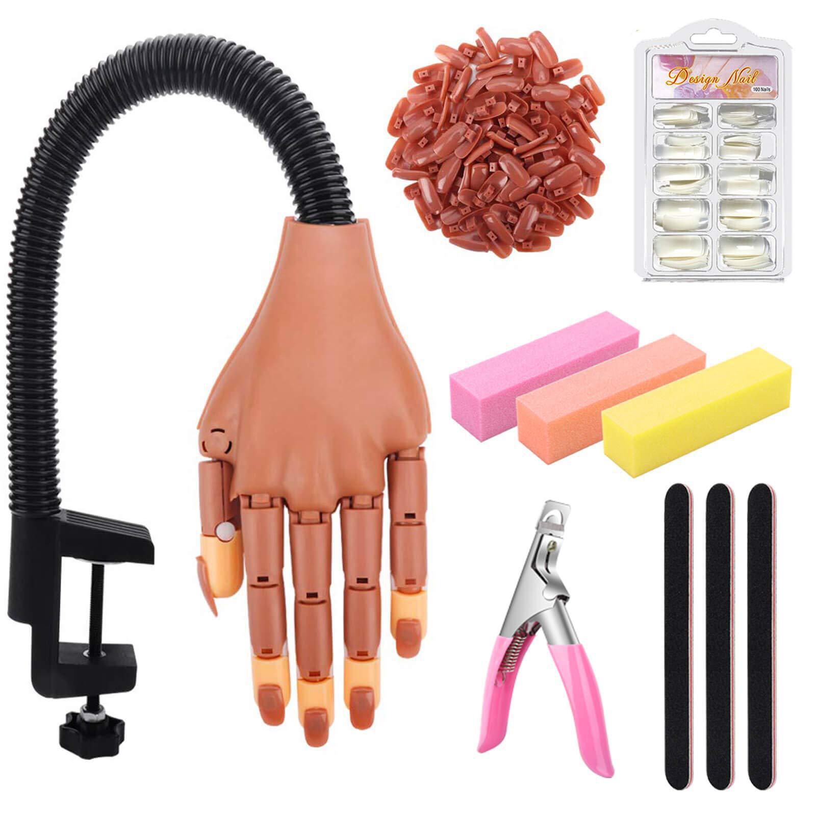 Main artificielle pour entraînement de manucure, outil ongulaire, support flexible et réglable, mannequin pour formation nail-art, fourniture mobile, avec 100 pièces de faux-ongles: set 2