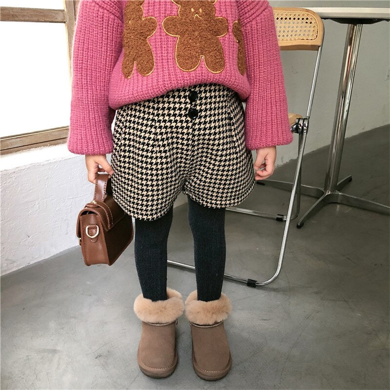 DFXD Kids Clothes Winter Baby Girl Houndstooth Shorts Pants Elastic Waist Button Shorts 1-8Y Toddler Girls Cotton Shorts