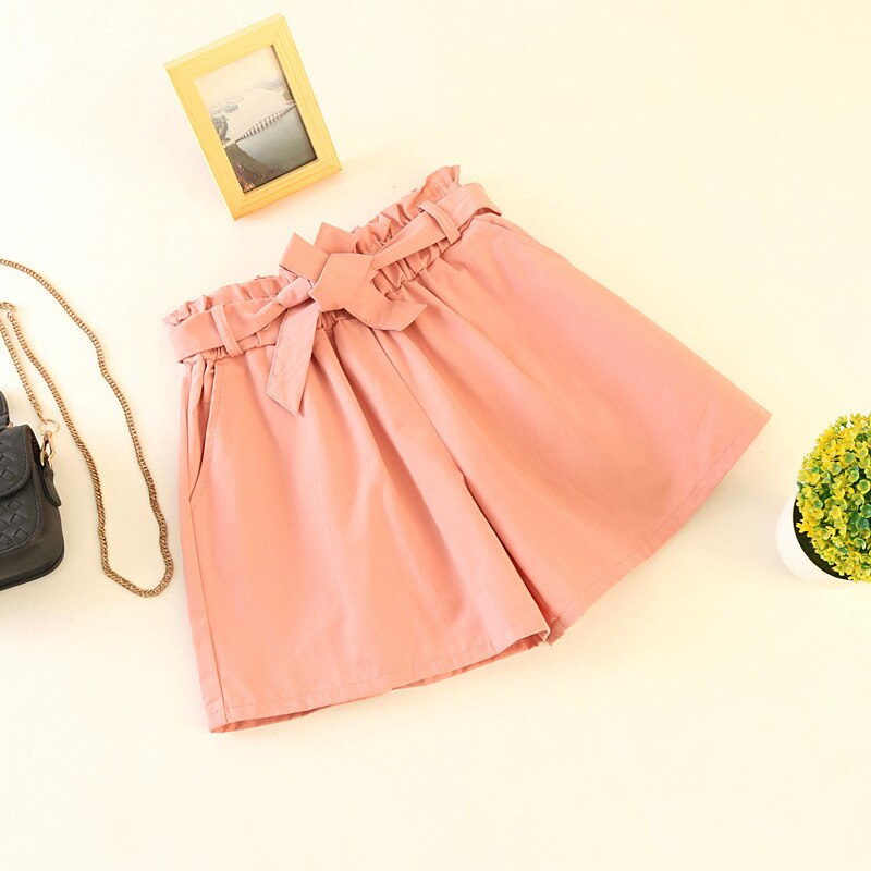 Elastic waist tie bow Loose Cotton shorts Womens summer Korean ruffles wide leg shorts for women wild casual Shorts: Pink