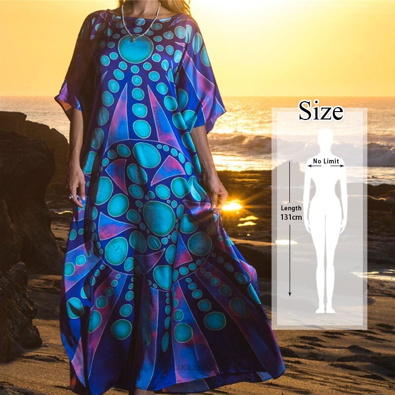 Marokkaanse Kaftan Bohemian Gedrukt Zomer Jurk Lange Katoenen Tuniek Vrouwen Plus Size Beach Wear Badpak Cover Up Robe de Plage: Q687