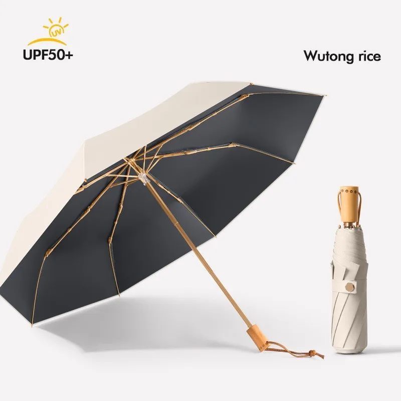 Dreifacher manueller Regenschirm mit Holzgriff, Vinyl, einfarbig, Sonnenschutzschirm, UV-Sonnenschirm, Hersteller von faltbaren Regenschirmen: Beige
