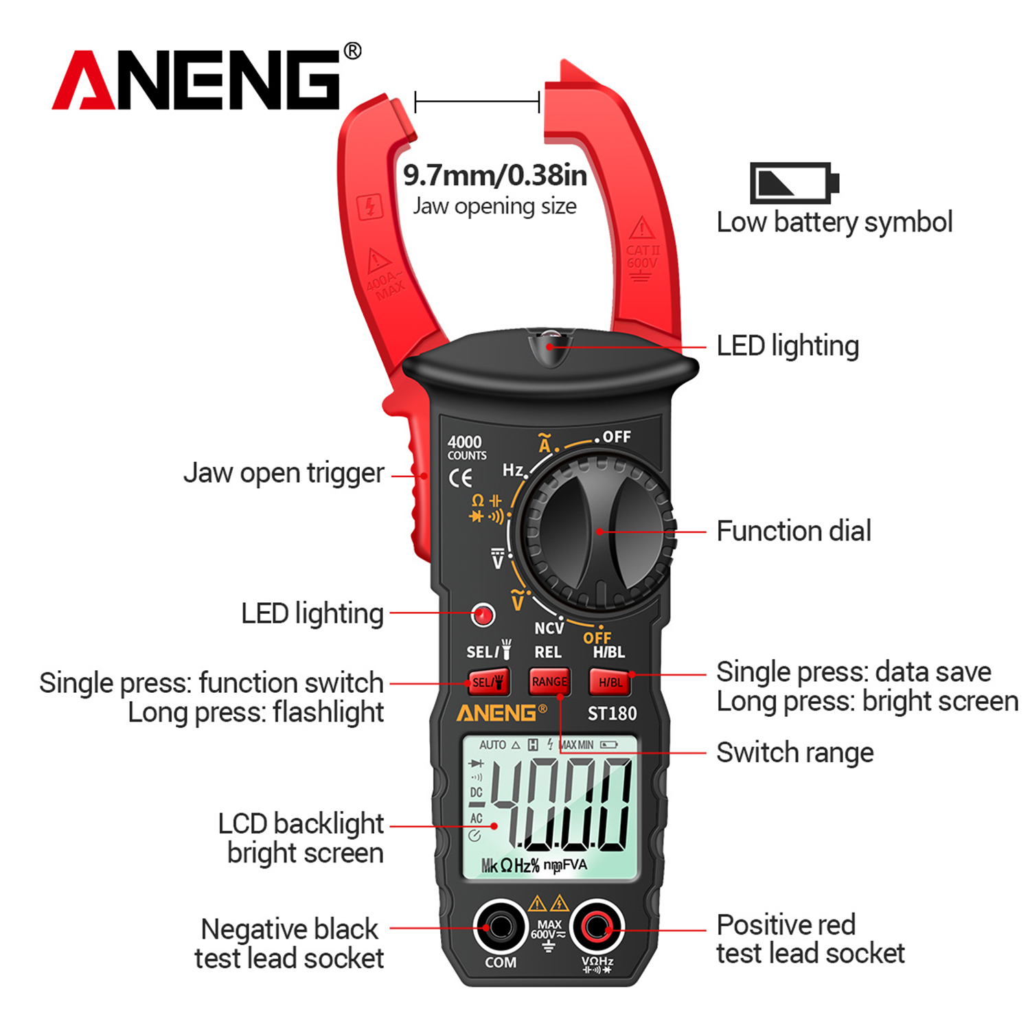 ST180 Digital Clamp Meter Multimeter 4000 Counts Clamp Multimeter Voltmeter Ammeter AC DC Voltage Current Meter Universal Meter