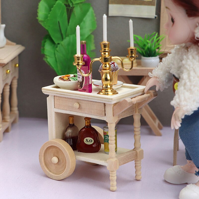 1:12 Dollhouse Miniatuur Restaurant Keuken Trolley Dining Winkelwagen Twee Lagen Houten Meubels Pop Decor Speelgoed
