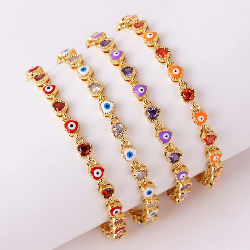 Pulsera con dije de mal de ojo turco y corazón chapado en oro de 18 quilates para mujer, pulsera ajustable con cadena de cobre de la suerte bohemia, joyería de verano