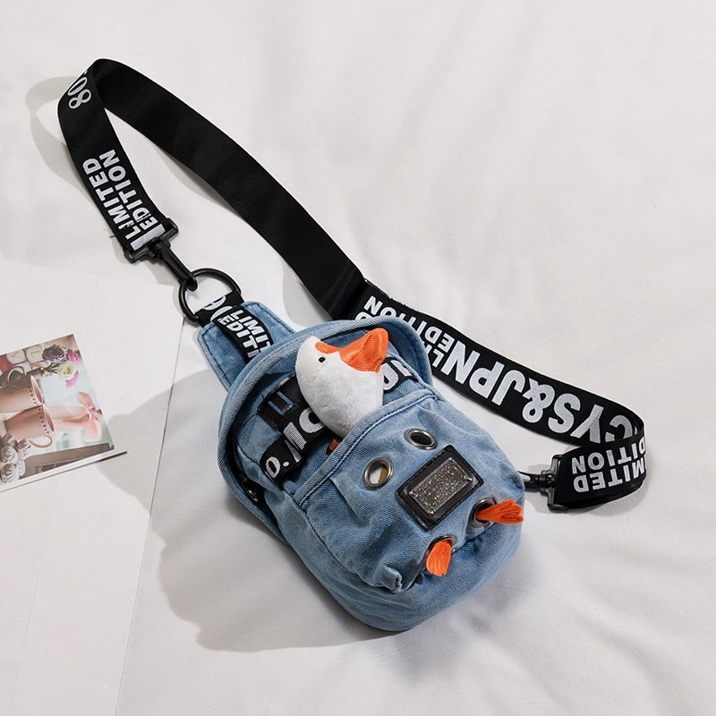 Kobiety płótno talii paczki torba ze sznurkiem kreskówki Crossbody torby na ramię skrzynia codzienna piknik płótno torba listonoszka 2020 Bolsa: kaczka lekki niebieski