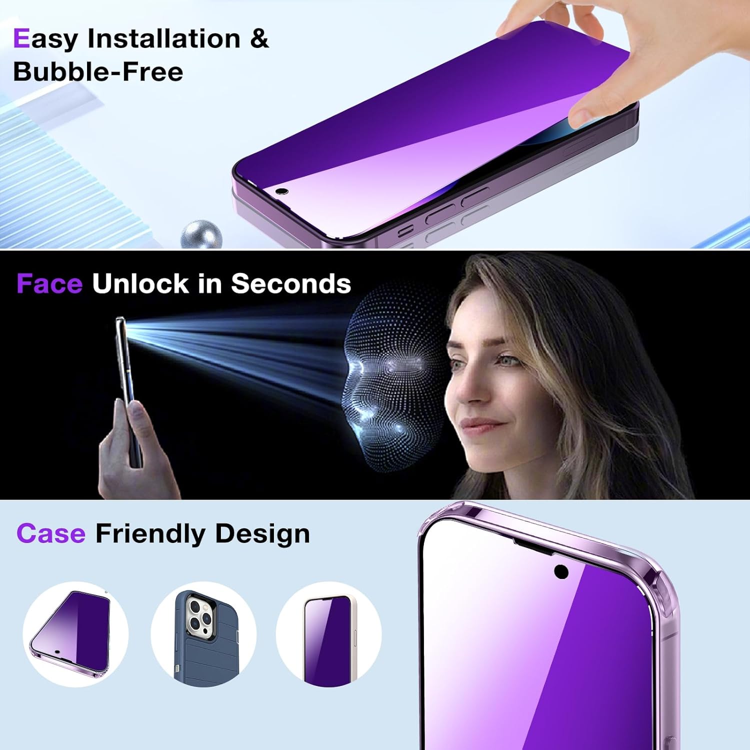 Paquete de 2 protectores de pantalla de privacidad compatibles con iPhone 16 15 14 13 12 11 Pro Max, película de vidrio templado púrpura 9H, antiluz azul