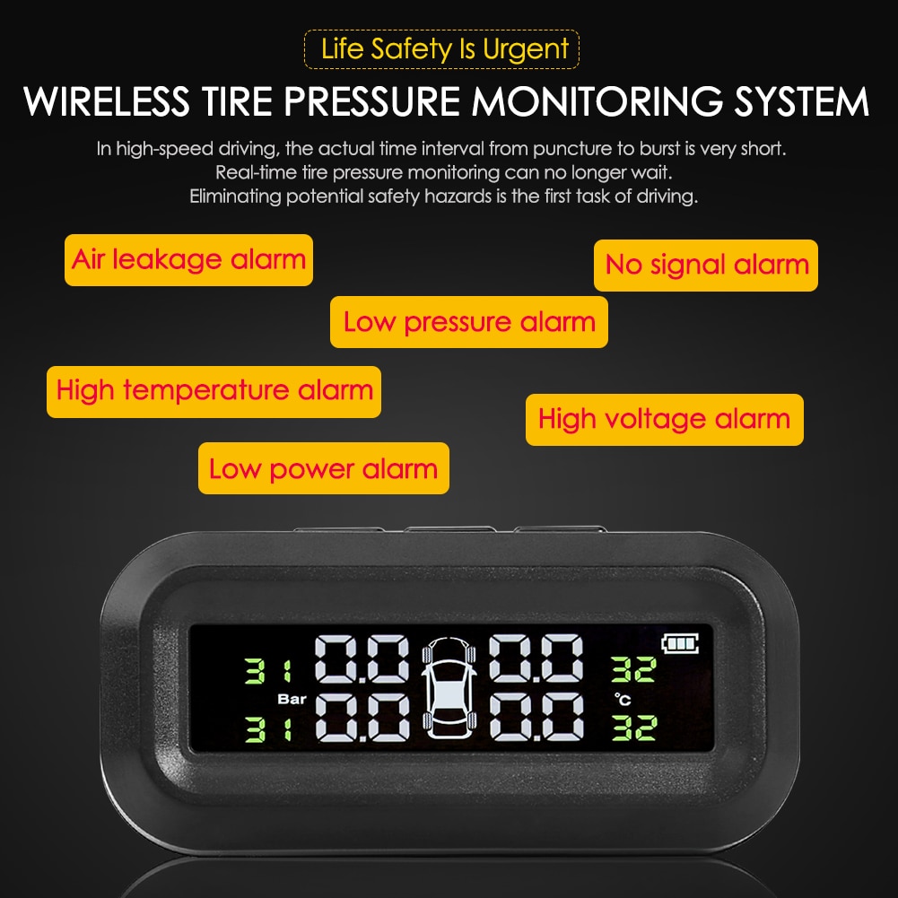 AN-02 Car TPMS Adjustable Angle Auto Tire Pressure Monitoring Tyre Temperature Alarm Warning System with 4 Sensors