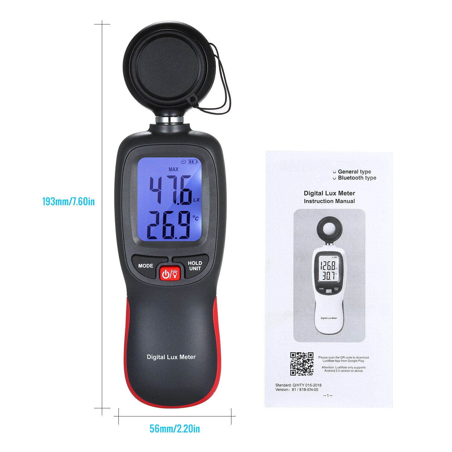 Digital Lux Meter LCD Display Handheld Illuminometer Mini Luminometer Photometer Luxmeter Light Meter 0-200000 Lux Data Hold