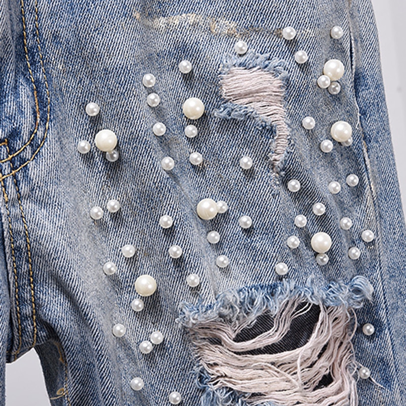 Skinny gescheurde jeans voor dames met gaten, kralen en parels, damesjeans met parels, denim potloodbroek, plus size