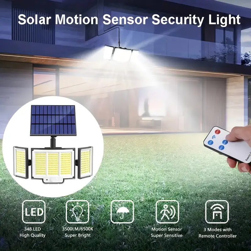 348 LED-Solarleuchten für Höhle Außenbereich, Sicherheitsleuchten mit Fernbedienung, Bewegungsmelder-Leuchten 270 ° Winkel Flut Wandleuchte wasserdicht