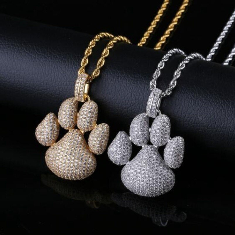 Dog Paw Footprint Bubble Pendant Necklace AAA + Cubic Zirconia Ice Crystal Necklace