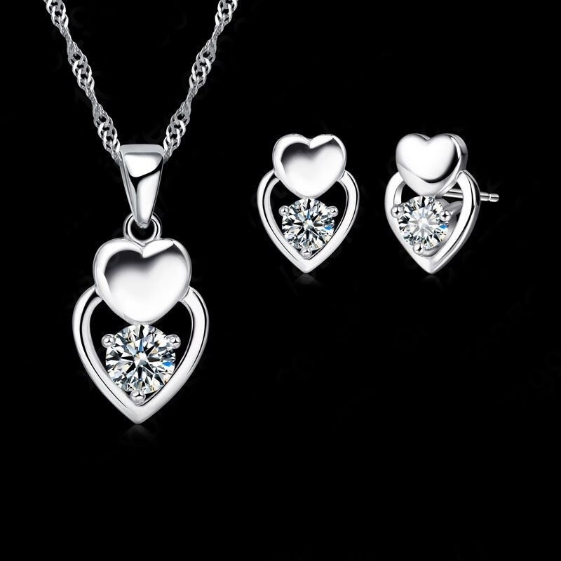 Ensemble de bijoux en argent Sterling 925 pour filles, boucles d'oreilles rondes en Zircon AAA, pendentif Double cœur, pour femmes