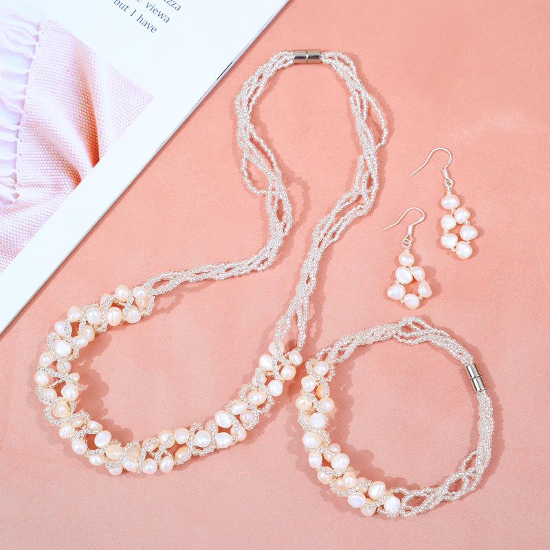 Daimi Handgemaakte Ketting Oorbellen Armband 5-6 Mm Natuurlijke Zoetwater Parel Sieraden Sets Voor Vrouwen Bridal