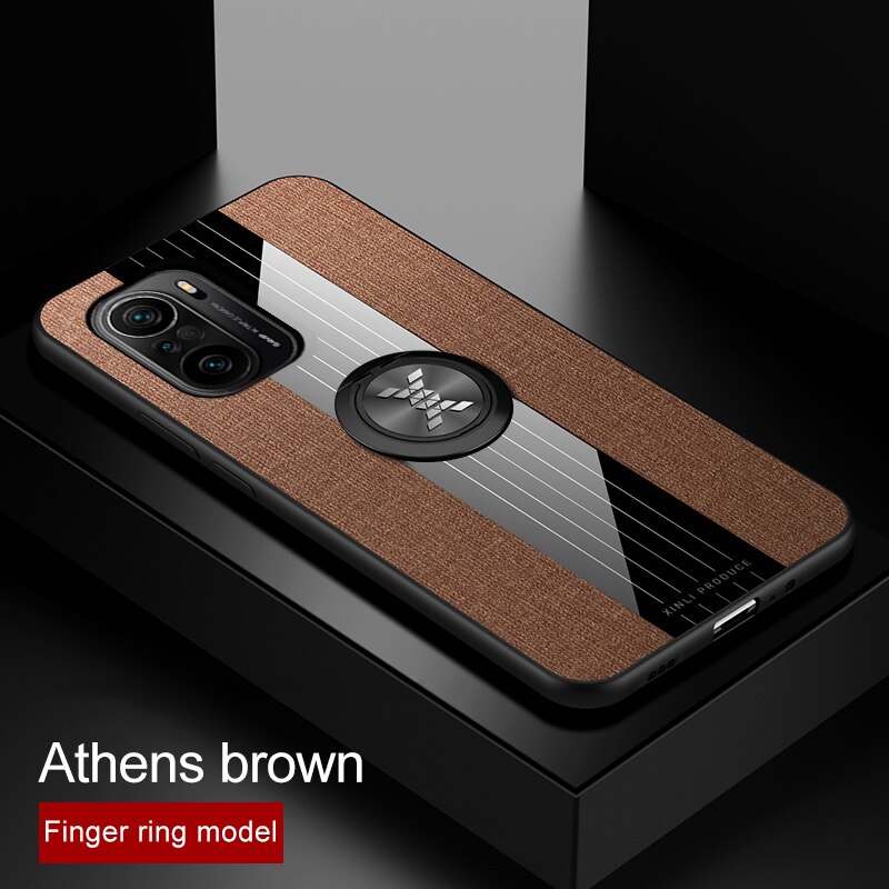 MAKAVO – coque de téléphone pour Xiaomi Poco F3, avec anneau, tissu rigide, cadre souple, Texture: Brown With Ring