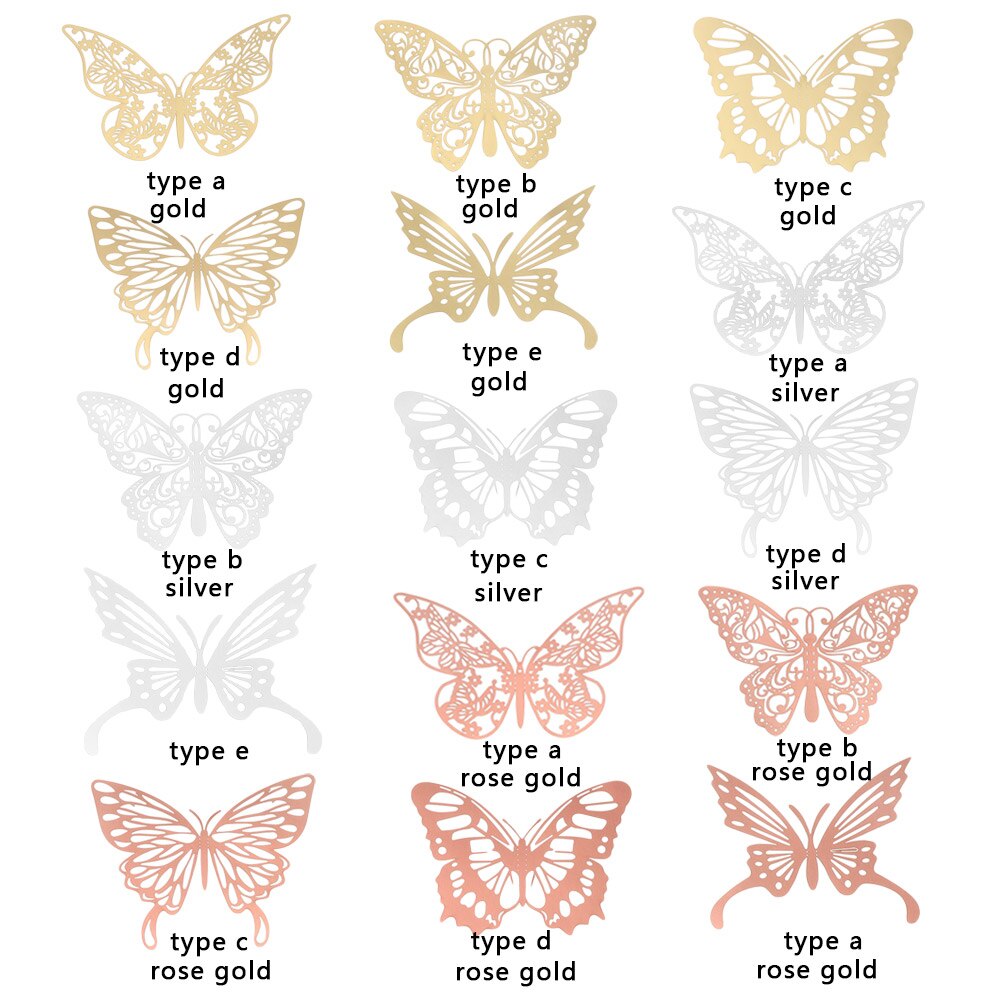 12PCS 3D Hollow Butterfly Wall Stickers Metal Texture Party Supplies Gold Silver Rosegold Decals DIY Party Wedding Butterflies