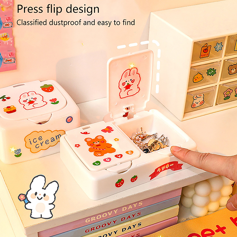 Imprensa Dos Desenhos Animados Kawaii-Open Desk Caixa Organizadora com Tampa, Cosméticos e Armazenamento de Maquiagem, Mini Recipiente De Jóias, Botão Recipiente