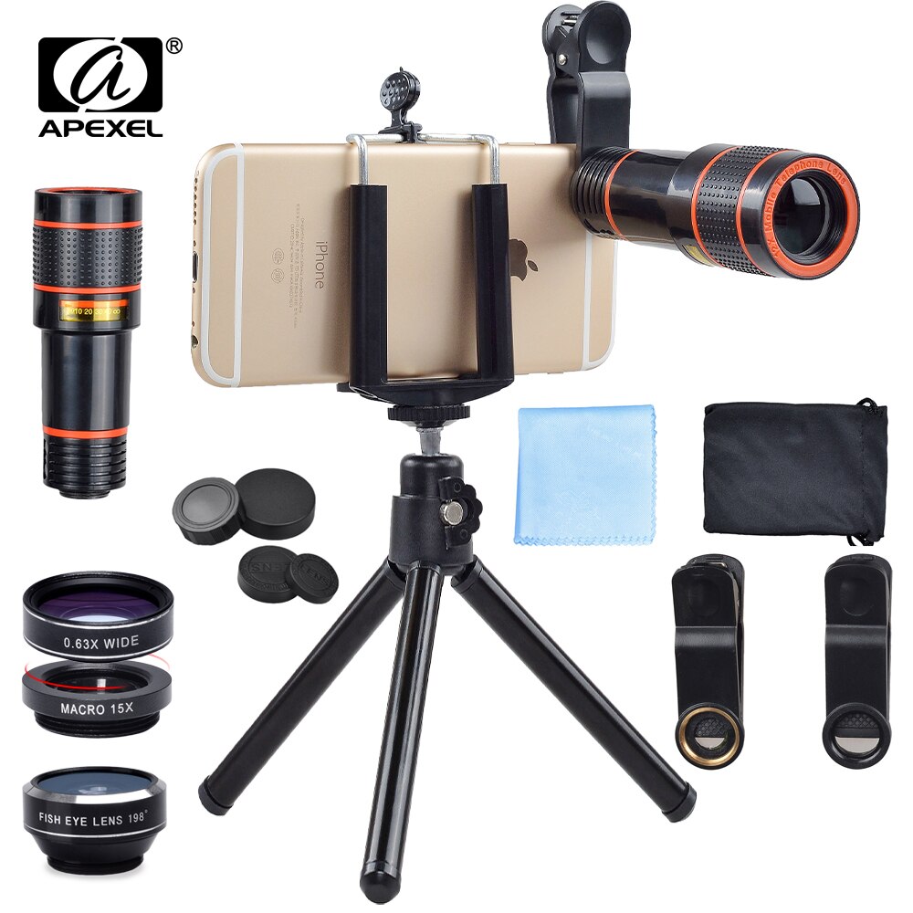 Apexel 12X Zoom Telefoto Teleskop 3 in 1 Lens Tripod Balıkgözü Geniş Açı Makro Telefon Lens iPhone Samsung Için xiaomi Redmi