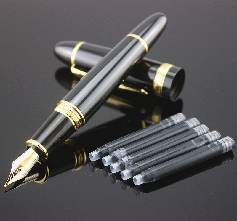JINHAO 159 0.7 mm Nib Metal Fountain Pen Black Lacquer Gold Trim Big Heavy signature Business office ink black Refill: O / Medium Nib 0.7MM