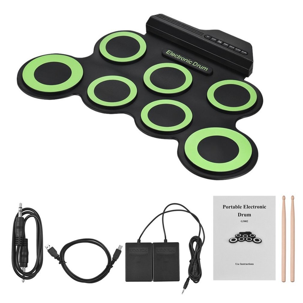 Batteria elettronica Digital USB 7 Pad Roll up Drum Set Kit batteria elettrica in Silicone con percussione pedale bacchetta: green