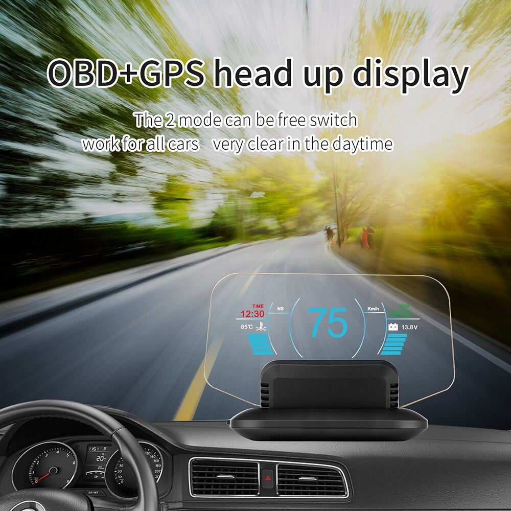 Head Up Display Car OBD Hud Display OBD+GPS Dual System GPS Speedometer No Double Image Big Screen HUD Overspeed Warning