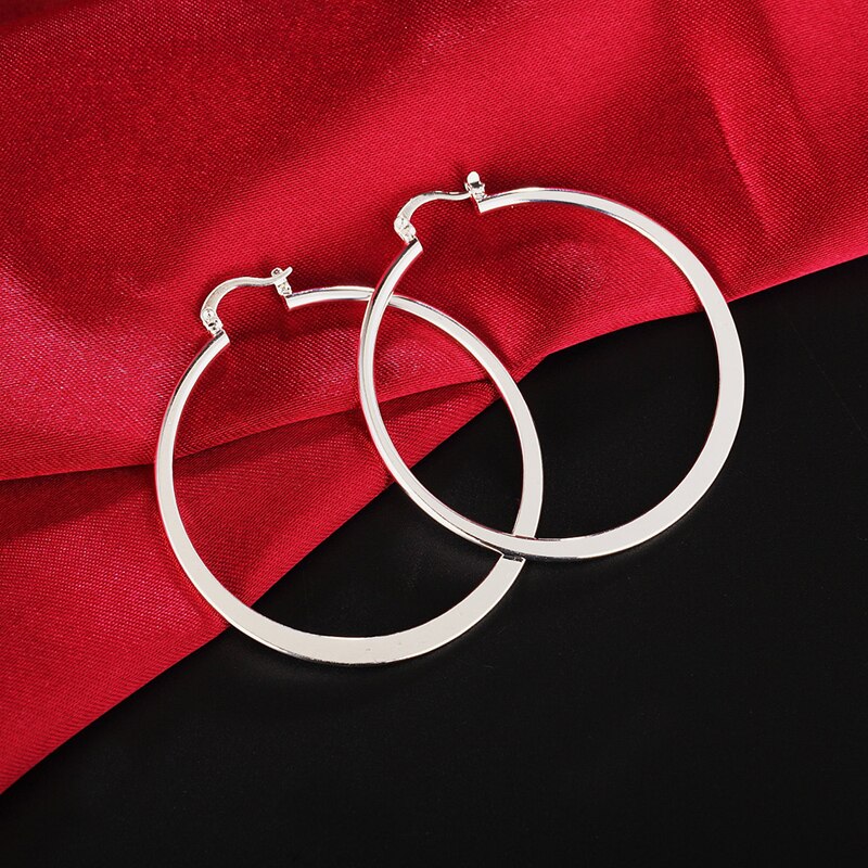 925 Zilveren 55 Mm Platte Dunne Ronde Big Hoop Oorbellen Voor Vrouwen Bruiloft Sieraden Accessoire