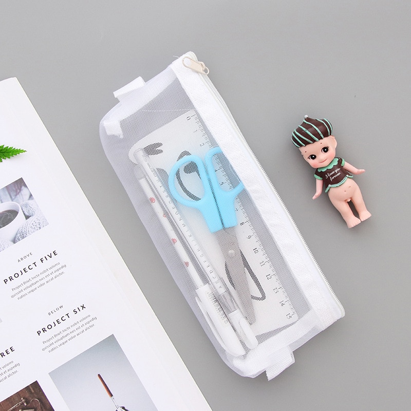 Simple Transparent Mesh Pencil Case Office Student Pencil Cases Nylon Kalem Kutusu School Supplies Pen Box Astuccio Scuola BD37