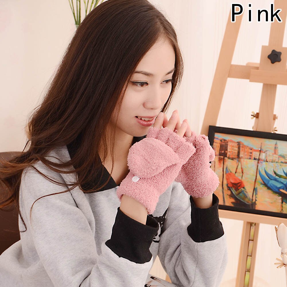 Coral Fleece Knit Half Finger Flip Cuff Mitten Boy / Girl Winter Plus Velvet Thick Warm Writing Glove: PK