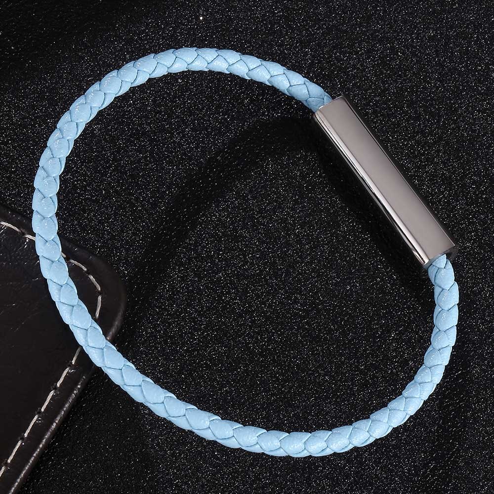 Blått läderarmband män rostfritt stål magnetlås handgjorda män armband armband flätat läderarmband  bb0623