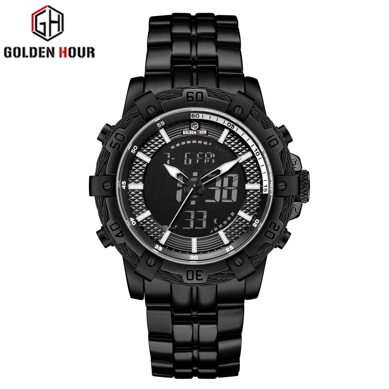 GOLDENHOUR-reloj analógico de acero inoxidable para hombre, accesorio de pulsera de cuarzo resistente al agua con doble pantalla, complemento Masculino de de lujo con clásico