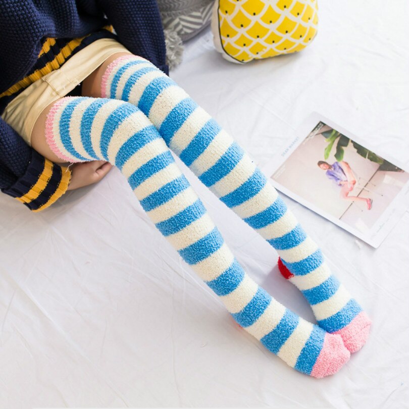 Women's Knee Socks Winter Coral Fleece Knee-socks Long Over Knee Cute Stockings Thick Warm Striped Socks: Blue stripes